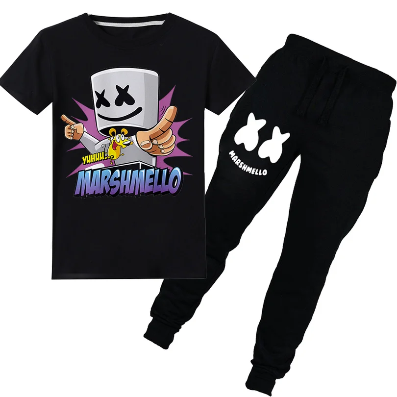 

Marshmello DJ Mask T-shirt Print Sets Costume Girls Tops T Shirt + Pants 2pcs Child Black Baby Boy Clothes for Big Kids Suits