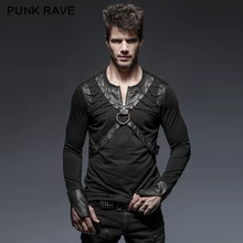 Punk Rave Punk Style Lacing Shoulder Leather Belts Long Sleeve Man Shirts T-423