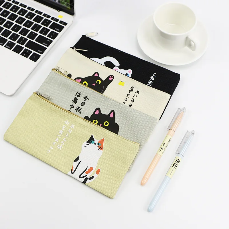 4 Styles Simple Cat Cartoon Creative Canvas Bag Female Student Bulk Zippered Pencil Case Pencil Bag Student Stationery Office