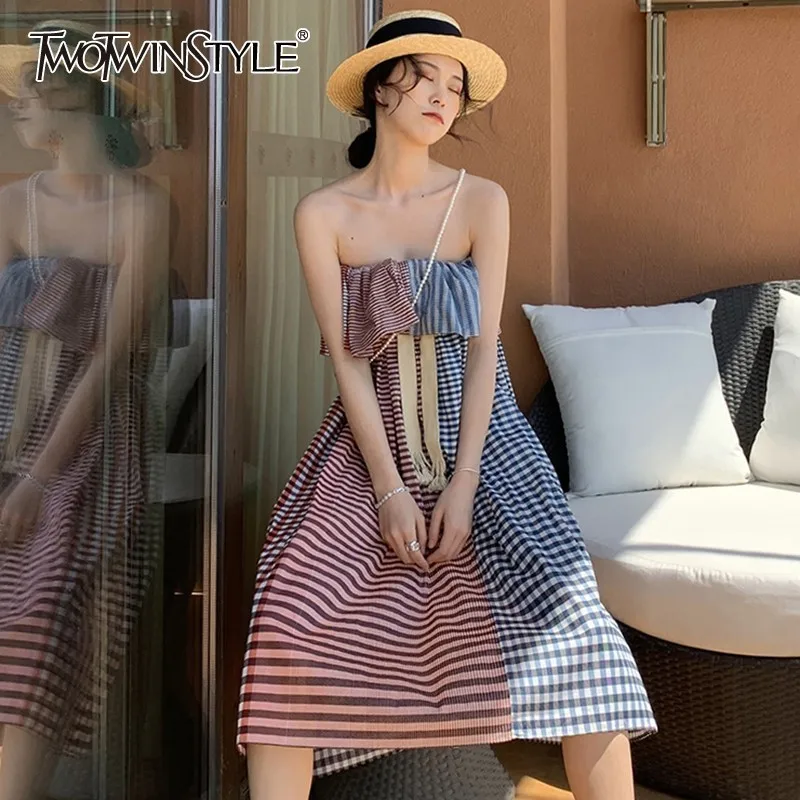 

TWOTWINSTYLE Korean Sleeveless Dress For Women Off Shoulder Hit Color Patchwork Oversized Bandage Midi Dresses Women’s 2019 New