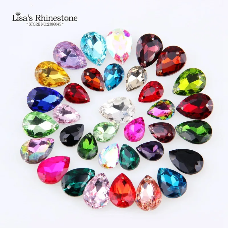 

24Pcs 13x18mm Sewing Teardrop Rhinestone Glass Sew On Pointback 2 Holes Crystal Stones Clothes For DIY Wedding Dresses Crafts