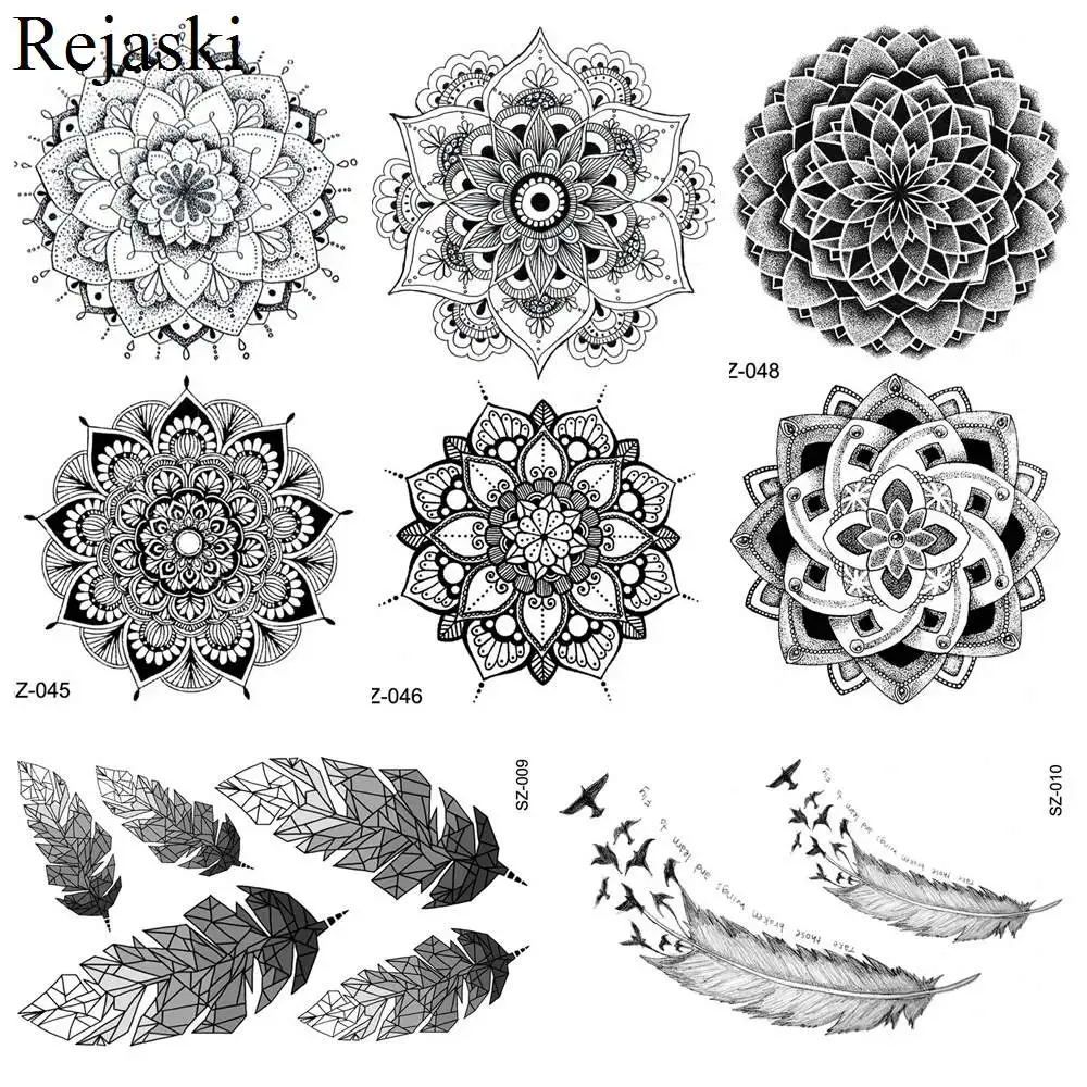 Rejaski черная мандала цветок временные татуировки наклейки для женщин хна Тотем руки фальшивые татуировки для девушек маленькие перья водонепроницаемые татуировки