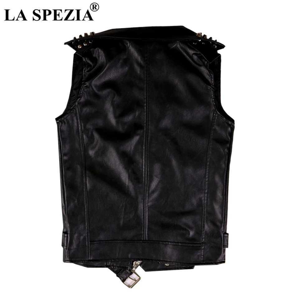 LA SPEZIA Punk Vest Men Biker Black Hip Hop Slim Fit Waistcoat With Belt Male Leather Rivet Zipper Motorcycle Sleeveless Jacket