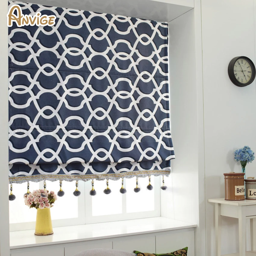 

Anvige Modern Geometric Curtain With Beads Printed Roman Shade Rollor Blind Window Curtains For Living Room
