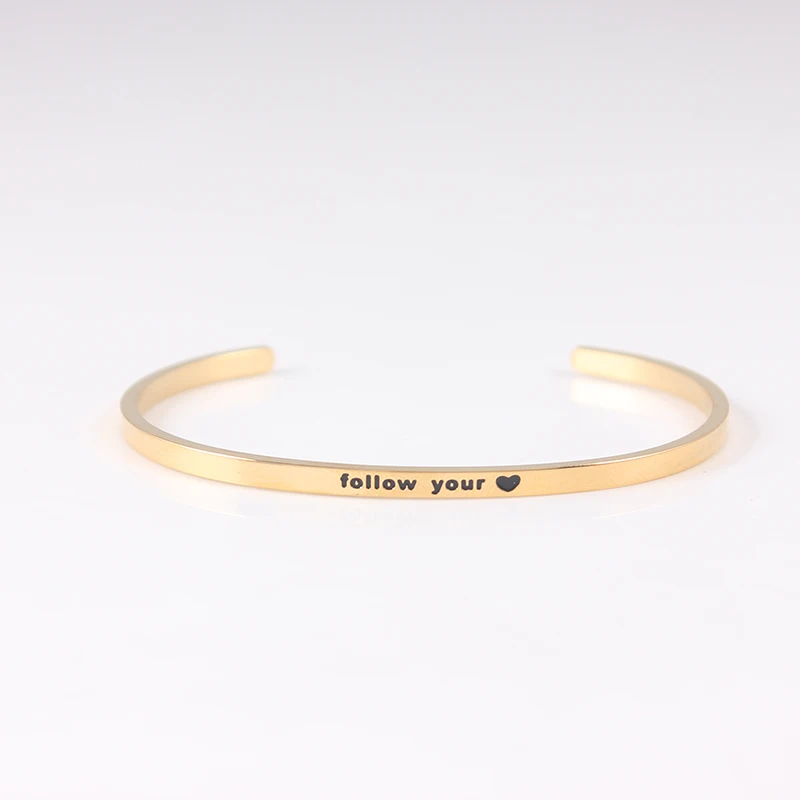 

Stainless Steel Engraved Follow your heart Positive Inspirational Quote Cuff Mantra Bracelet Bangle For Women