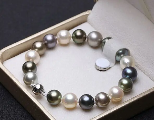 

Huge 10-11mm natural south sea genuine white black round pearl bracelet 7.5-8