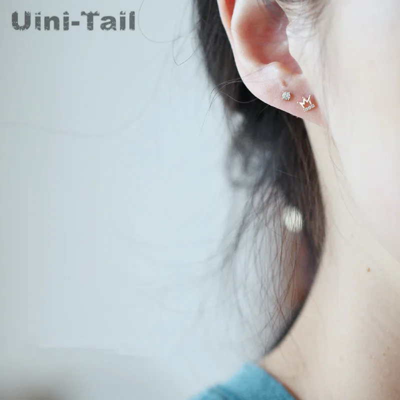 Uini-Tail 2019 new listing 925 sterling silver cute delicate gold small crown micro-set earrings fashion sweet and niche design - Image 3