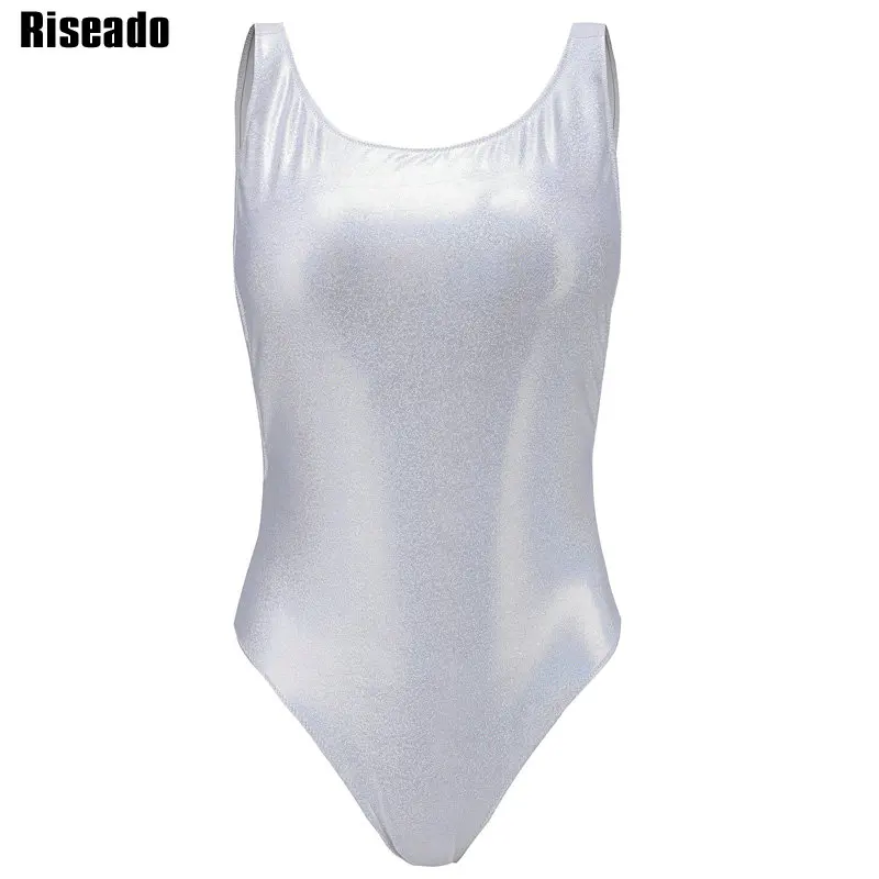 

Riseado New 2019 Swimming Suits for Women U-Back Competitive Swimwear Women Silver Solid Swimsuit Bathing Suits Beachwear
