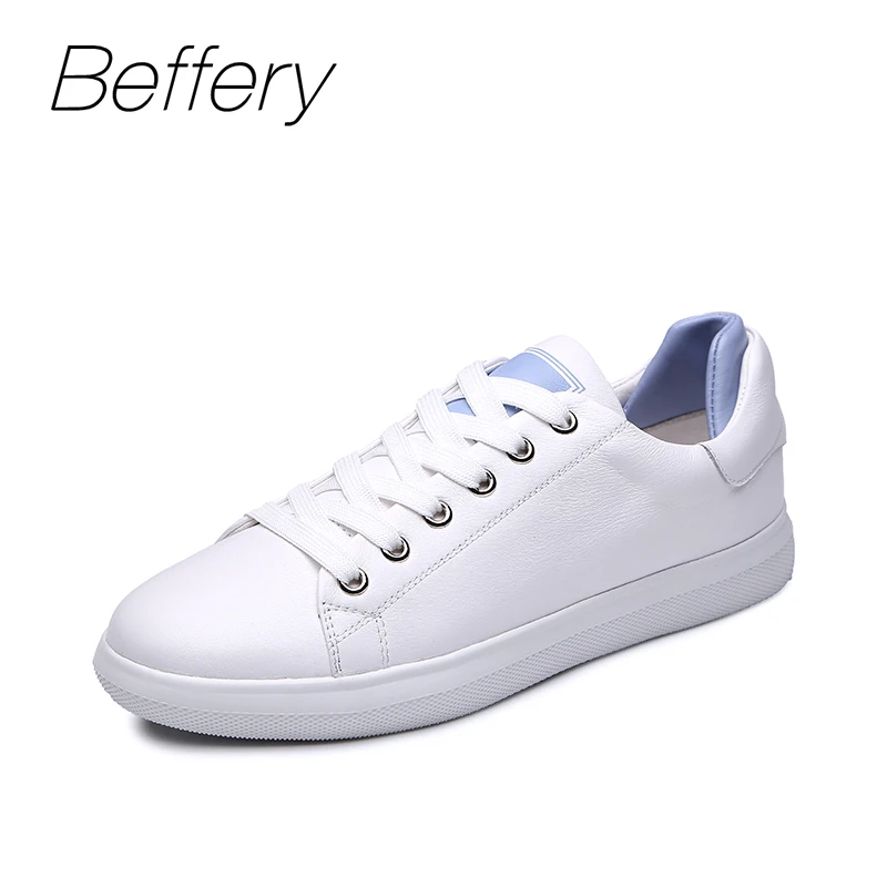 

Beffery Genuine Leather Sneakers Women Fashion 2018 Autumn Flat Platform White casual Shoes Women Lace-up Round toe sneakers