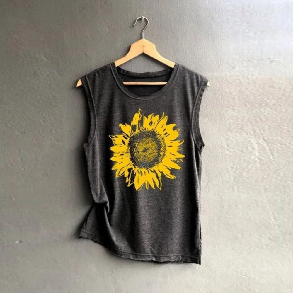 

Sunflowe Print Shirt Women harajuku Sleeveless T-shirt Casual Loose Tops Vest tunic shirt tee top home ropa mujer verano 2019