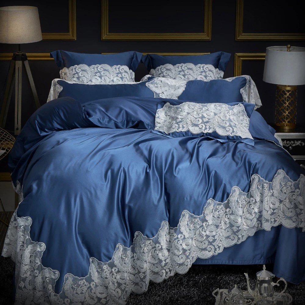 Luxury Solid Blue 120s Egyptian Cotton Bedding Set Queen King Noble Lace Royal Duvet Cover Bed Sheet Set Pillowcase 4 6pc Europe Bedding Sets Aliexpress