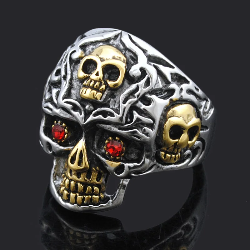 ATGO Cool Punk Style Red Crystal Eyes Skull Ring For Men