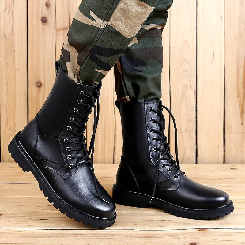 Merkmak Genuine Leather Snow Boots Autumn& Winter Military Boot Plush Outdoor Casual Men's High Boots Footwear Lace up Flats