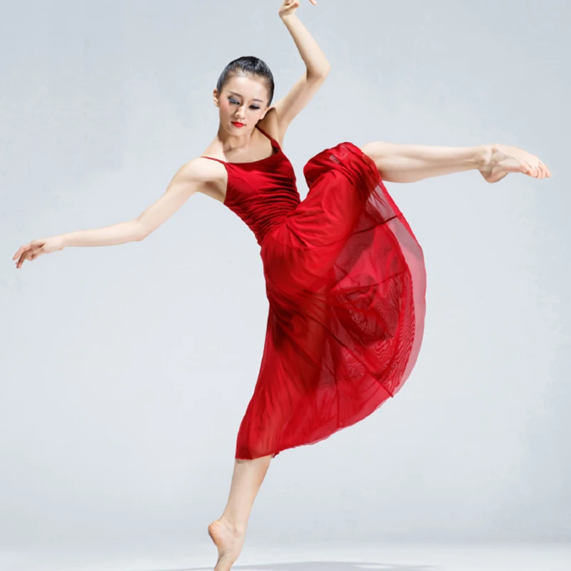 Ballet Dress Women Red Sling Chiffon Long Skirt Gymnastics Ballerina