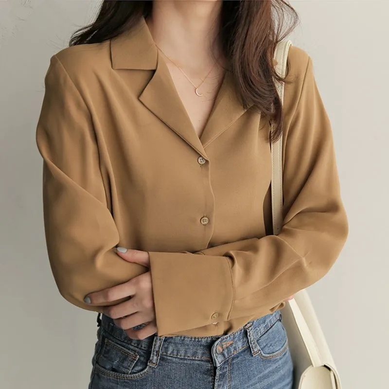 

2019 Autumn Brief Women Shirts Notched Loose Full Sleeve Chiffon Professional Sense Blouse Shirt White Blue 9873