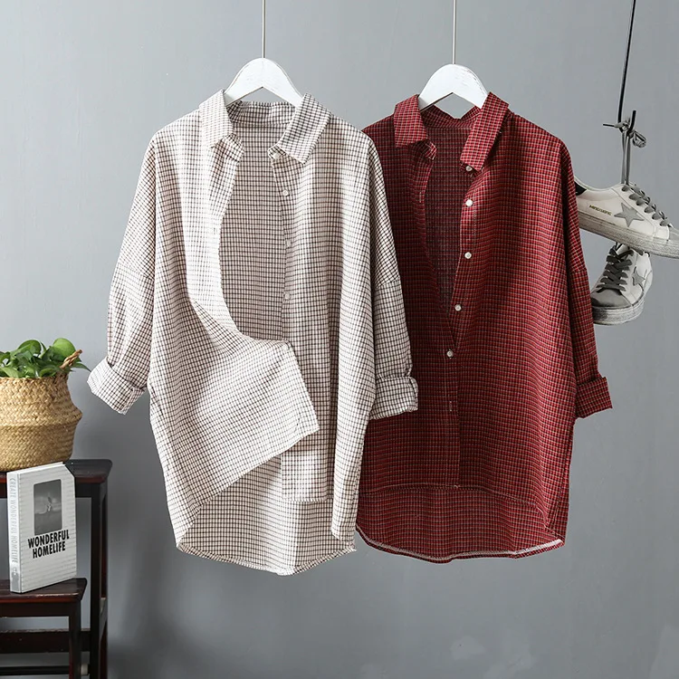  Women Vintage Blouse Plaid Shirts Boho Style OG0698