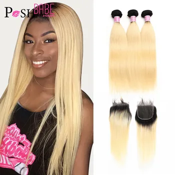 

1B 613 Blonde Ombre Color 100% Human Hair Bundle with Closure 8 - 28 inch Remy Brazilian Straight Hair Bundle with Lace Closure