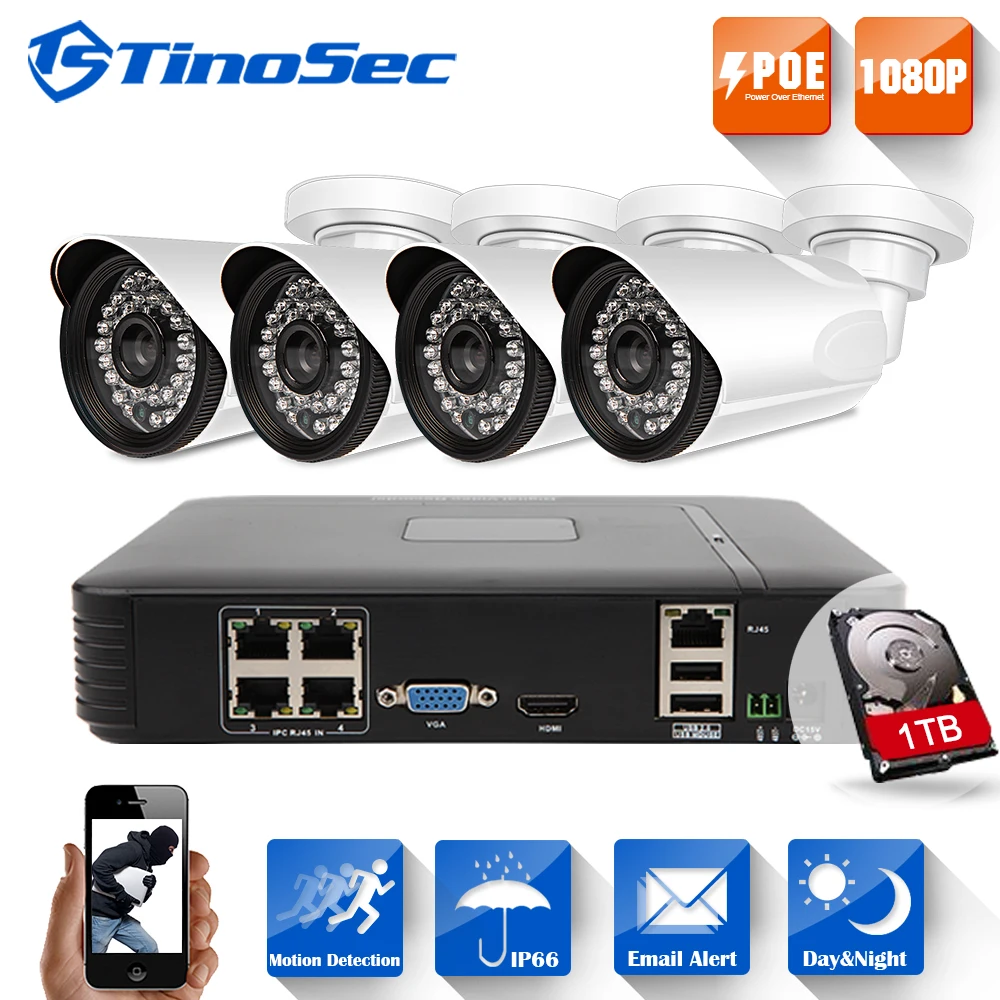  TinoSec 4CH 1080P POE NVR Kit HDMI NVR 4PCS 1920*1080 Waterproof IP Camera IR Out/indoor P2P NVR System Surveillance CCTV System 
