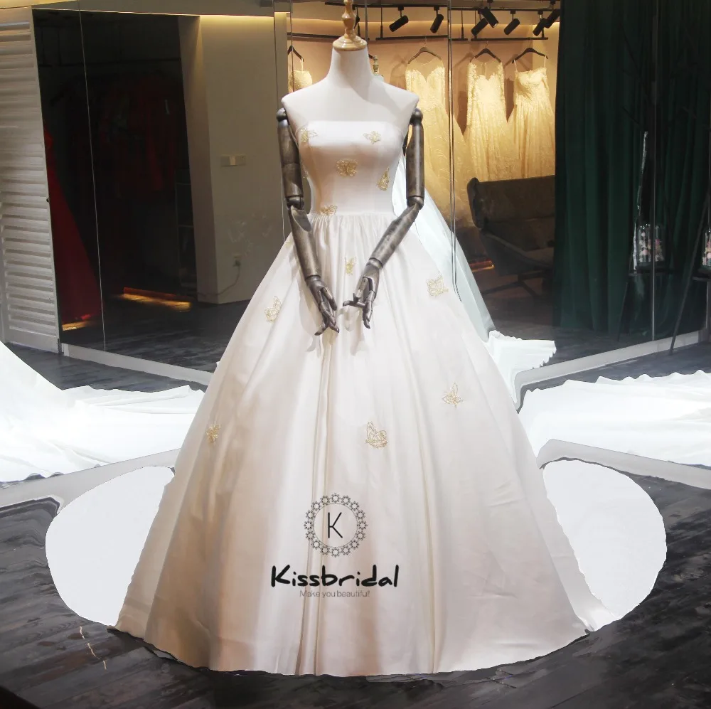 Новое поступление длинные свадебное платье 2018 без бретелек линии Аппликации атласные свадебные платья Vestido de noiva longo