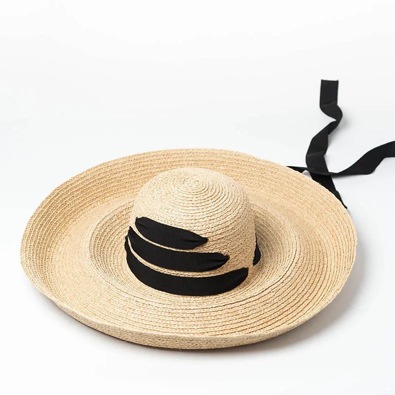 Новинка, модная черная бандажная женская шляпа из рафии, свернутая Кентукки Дерби, шляпа от солнца с большими широкими полями, летняя пляжная соломенная шляпа - Цвет: Natural