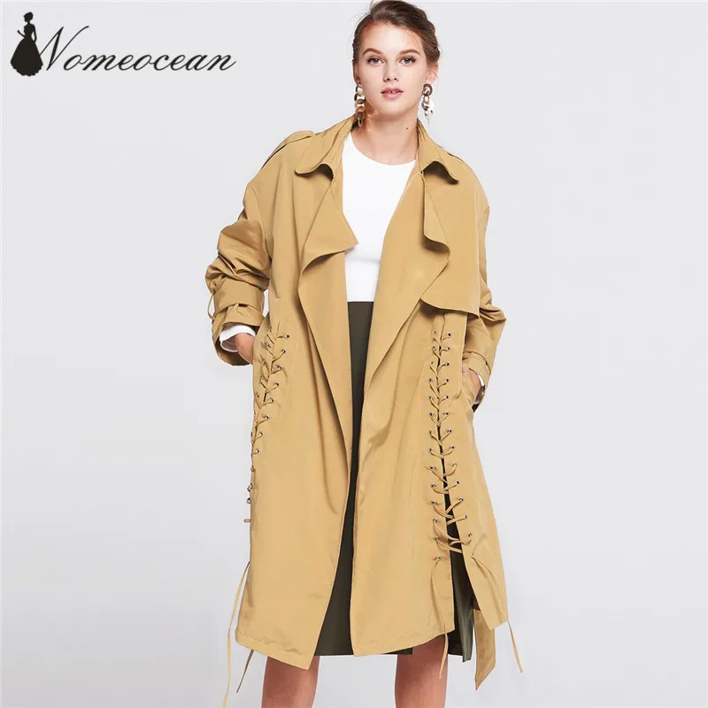 High Street Lace Up Trench Coat Belted Waist No Button Wind Coat 2017