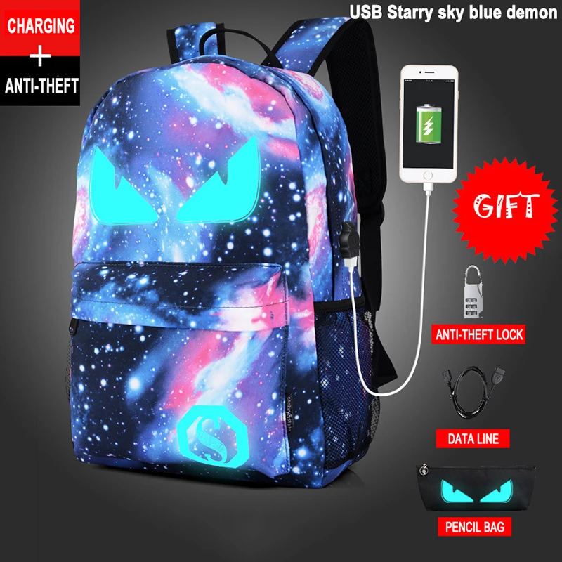 Новая Мода Светящиеся школьные сумки аниме мультфильм звездное небо Печать школьный рюкзак мужской USB Противоугонная дорожная сумка - Цвет: USB Blue Demon