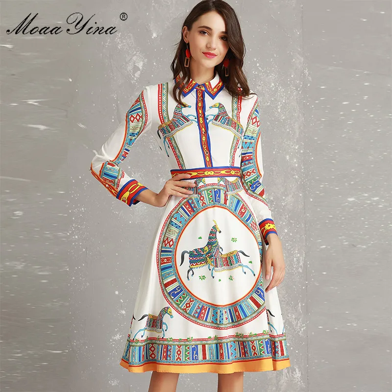 

MoaaYina 2018 Fashion Designer Runway Dress Spring Women Long sleeve Turn-down Collar Vintage Print Slim Elegant Vacation Dress