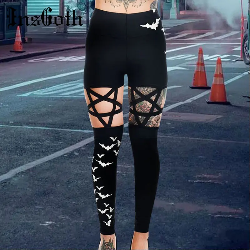 

InsGoth Gothic Pants Hollow Out Pentagram Black Leggings Bat Printed High Waist Women Long Trousers Halloween Sexy Party Pants