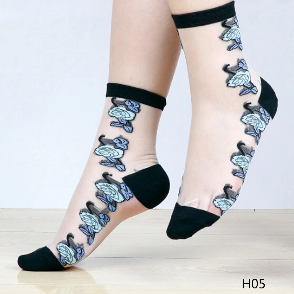 1 Pair Fashion Women Lace Flower Ankle High Fish Net Socks Crystal Glass Silk Short Thin Transparent Roses Fishnet Socks