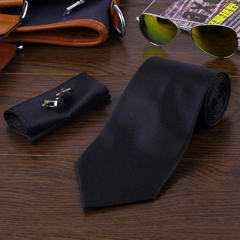 Повседневное тонкие однотонные мужские солидные тонкие прямые шеи спортивные солнцезащитныt очки для мужчин галстук носовой платок комплект запонок 8 цветов - Цвет: Black