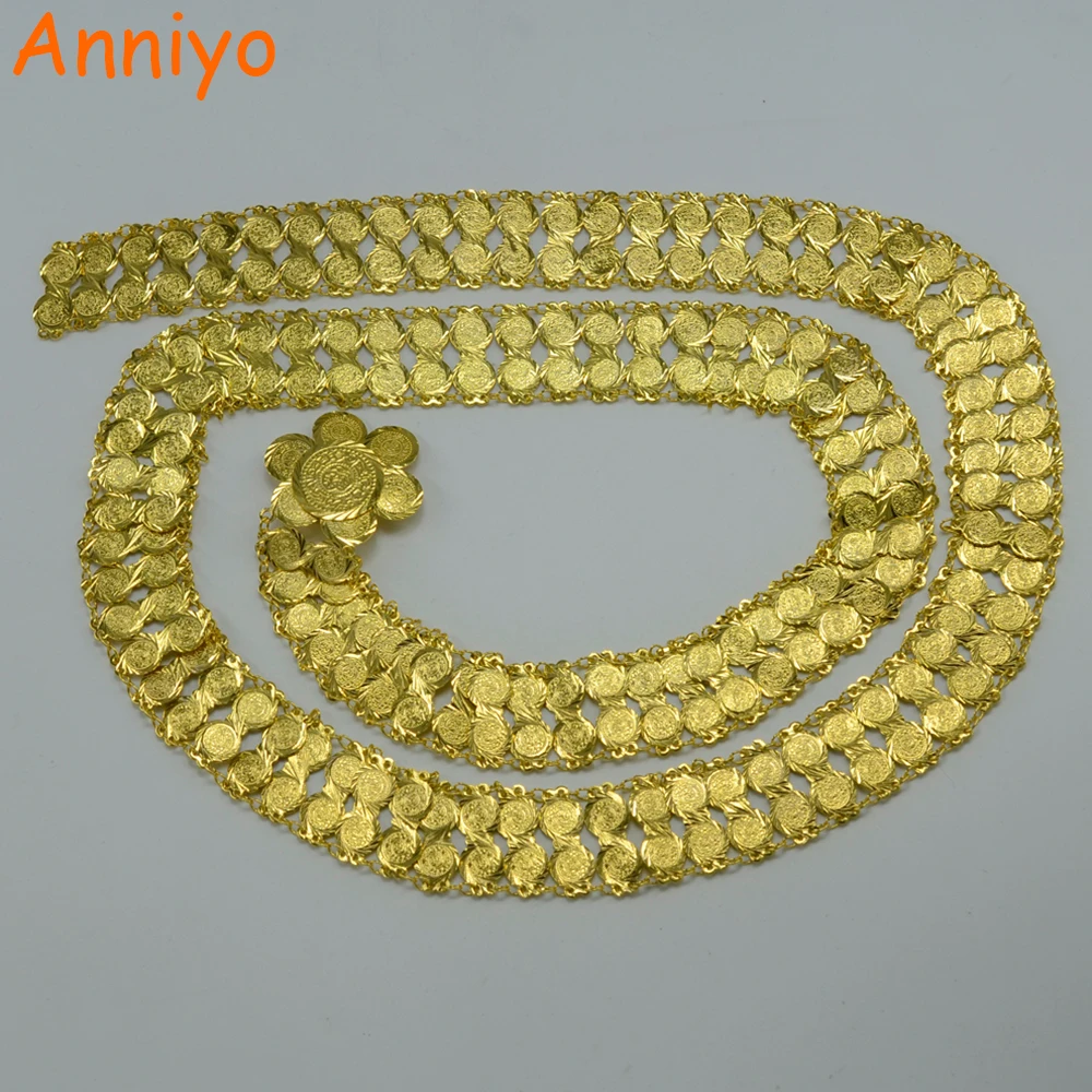 

Anniyo Length 107cm /Long Metal Arab Coin Belt Women Jewelry Gold Color Wedding Gift Belly Chains Middle East African #043806