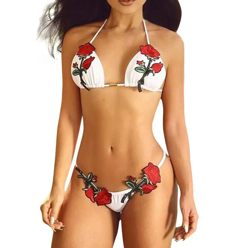 

2018 Sexy Women Rose Applique Pattern Bikini Set Push-up Padded Bra Two-Piece Ladies Swimsuit Bathing Suit Swimwear Clothes