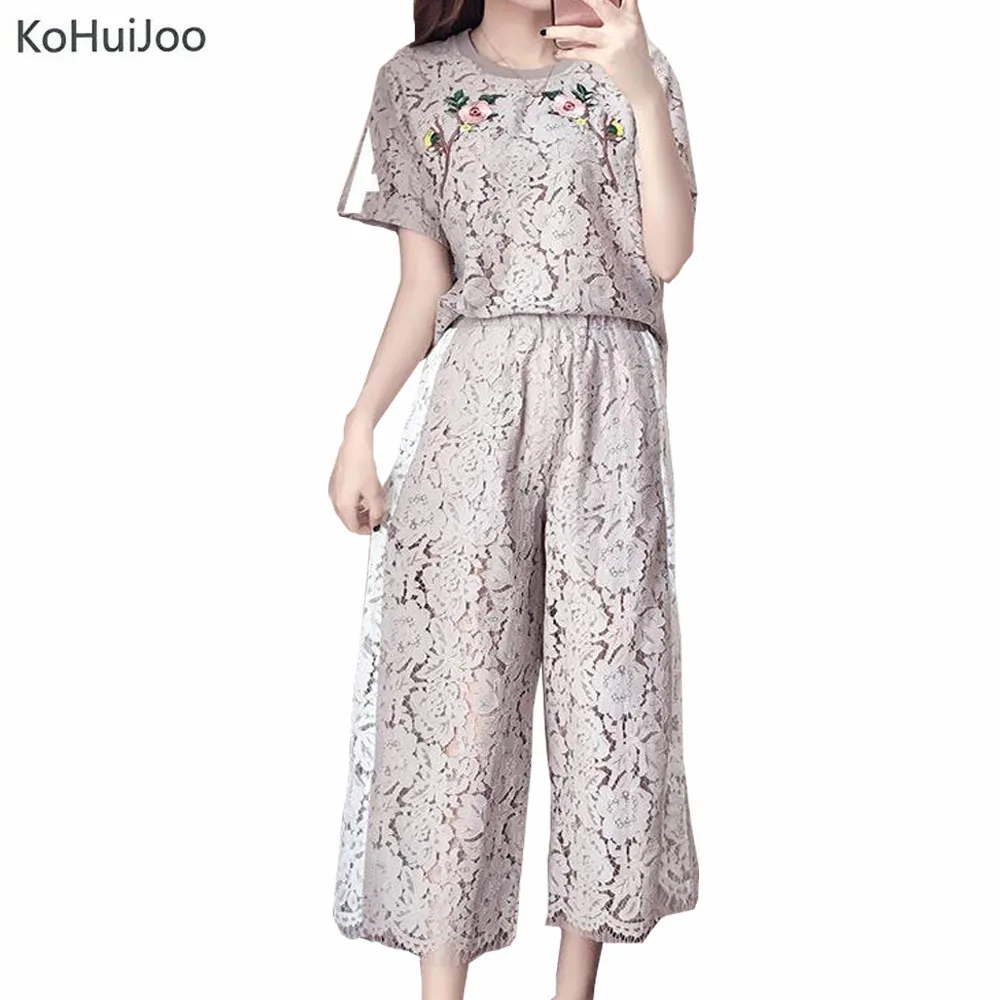 XL 5XL Spring Summer 2 pieces Pants Sets Women Floral Embroidery Lace