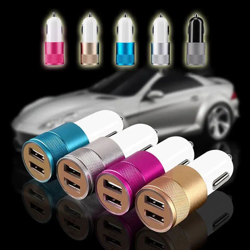 

Multi-color Dual USB 5V 2A Auto Smart Phone PC Charger Metal Portable Car Cigarette Lighter Charger