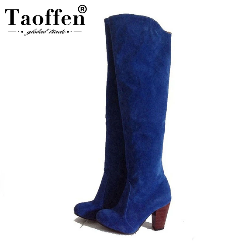 

TAOFFEN Women Boots Plus Size 34-43 Women Shoes High Heels Women Knee Boots Flock Velvet Pointed Toe Black Red Grey