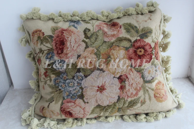 

FREE SHIPPING 15K 16"x20" Needlepoint pillow, handknotted cushion with floral designs no insertion