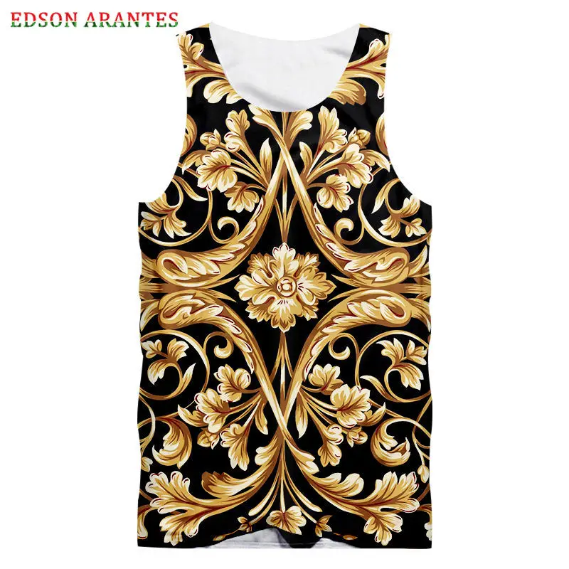 

Plus size S-6XL Mens Gym Tank Tops Summer 3D Gold Flower Print Male Sleeveless Tees Cool Tank Tops Crewneck Hip Hop Punk Shirts
