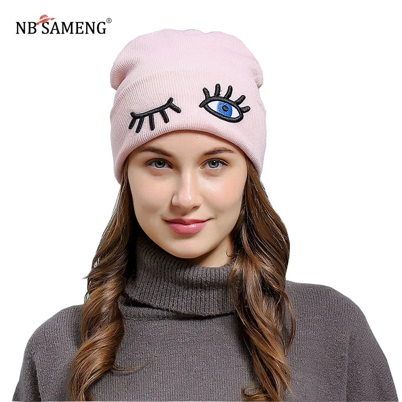 Winter Warm Women Beanie Funny Eyes Embroidered Knitted Woolen Hat High