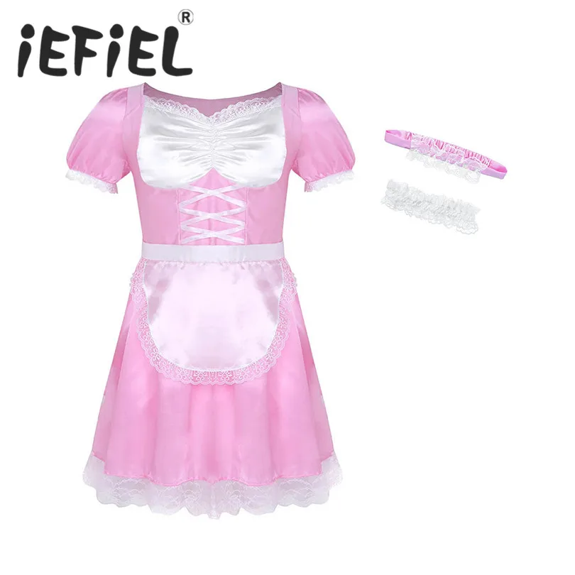 

Sexy Male Mens Sissy Maid Uniform Fancy Cosplay Party Dress Costume Outfit Short Sleeve Satin Dress with Choker and Headband