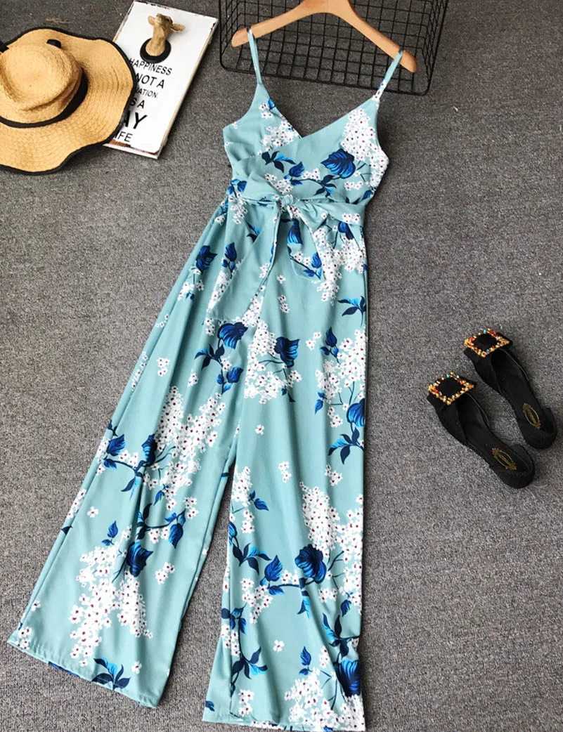 

NiceMix 2019 Floral Summer Jumpsuits Elegant Women Jumpsuit 2019 Chiffon High Waist Overalls Backless Romper Beach Sexy Bodysuit