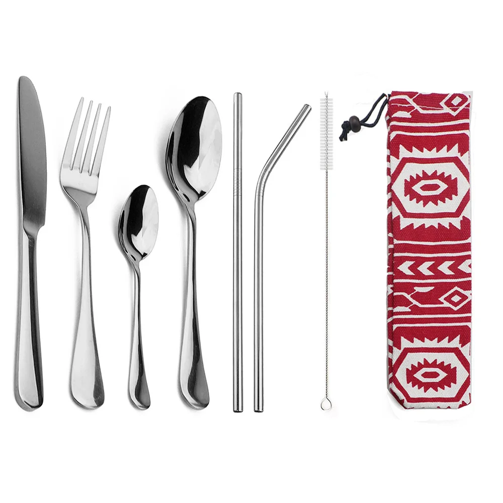

8Pcs/Set Portable Stainless Steel Dinnerware Set 304 Cutlery Flatware Set With Carry Bag Straws Tableware Bag For Travel Picnic
