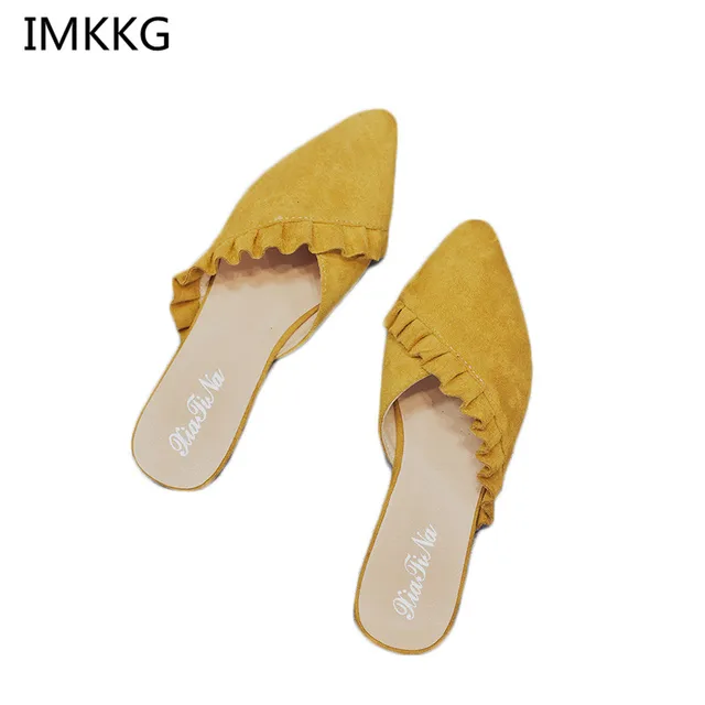 جديد 2018 وأشار اصبع القدم النساء البغال جلد الغزال حذاء مسطح المرأة مطوي النساء الصيف الأحذية الشقق موهير Q254