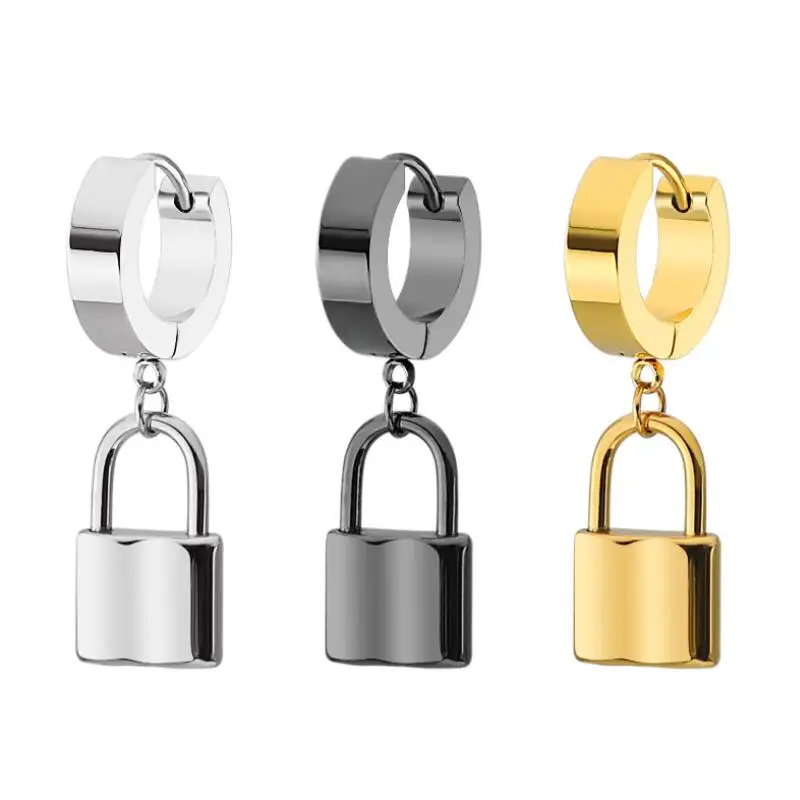 Hoop earrings gold color man stainless steel huggies lock hoop earrings