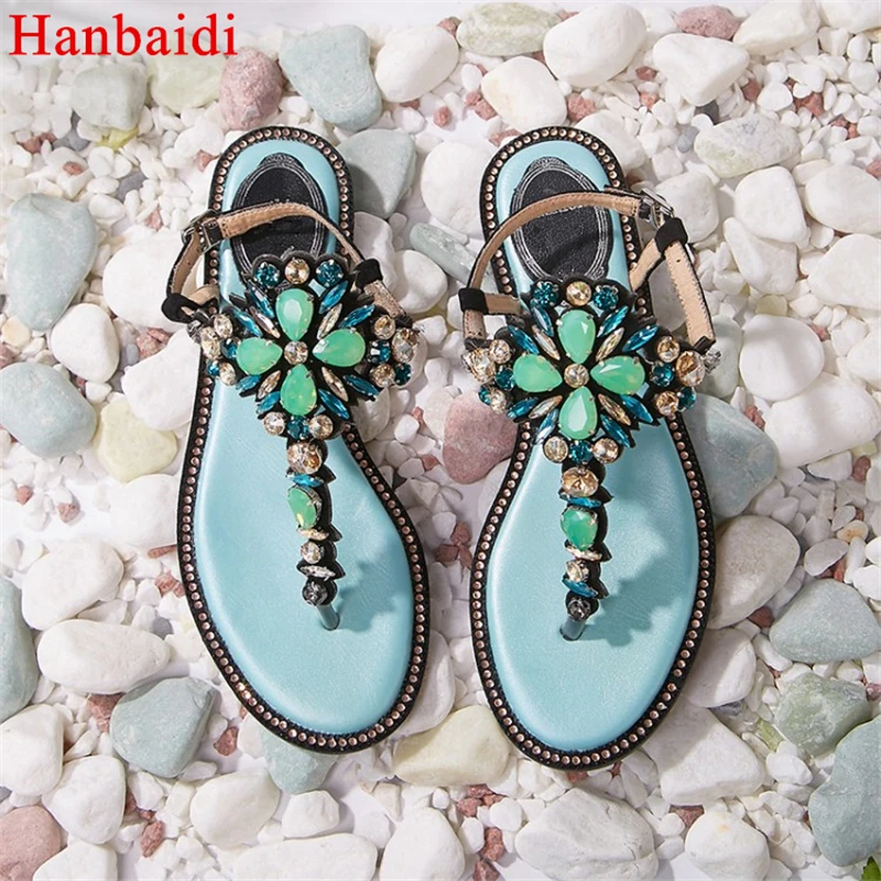 

Hanbaidi Luxury Design Colorful Rhinestine Women Summer Sandals Peep Toe Buckle Strap Flats Sandals Runway Paarty Wedding Shoes