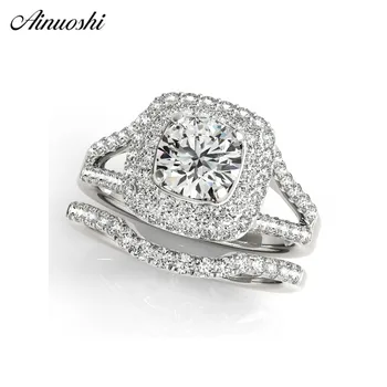 

AINUOSHI 925 Sterling Silver Women Wedding Ring Set White Gold Color Round Cut Halo Ring Sets Jewelry Gift anillo de compromiso