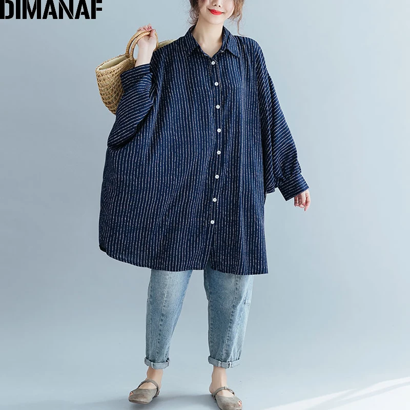 DIMANAF размера плюс женская блузка Рубашки Дамские топы Туника большого размера Свободная Женская винтажная одежда с принтом в полоску 5XL 6XL