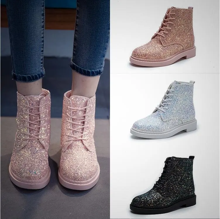 

2018 autumn and winter new tide sequins PU strap low tube Martin boots round head fashion women's booties
