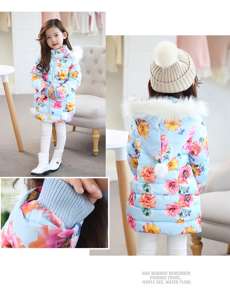 Baby Girls Coats Children's Thickening Hooded Warm Winter Jackets Coat floral hooded down feather long down Coats For Teenage 3-10Y kids clothing (10)