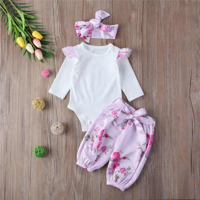Pudcoco/комплект из 3 предметов года, одежда для маленьких девочек боди с длинными рукавами и цветочным узором+ штаны+ шапка, комплект из 3 предметов комплект одежды для новорожденных девочек