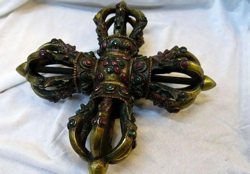 

10" China Tibet brass inlay Gem Buddhism Talisman King Kong Bell Statue